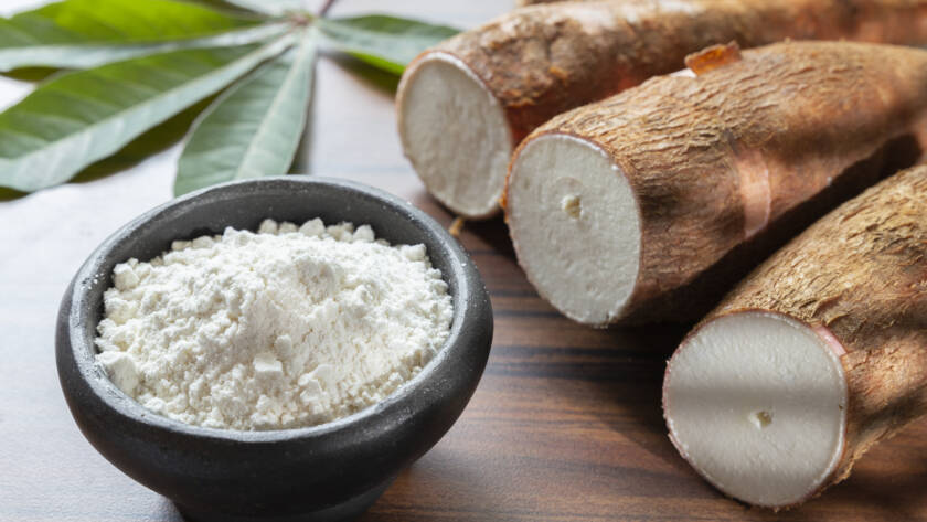 Bol de farine de manioc blanche avec racines de manioc coupées sur table en bois