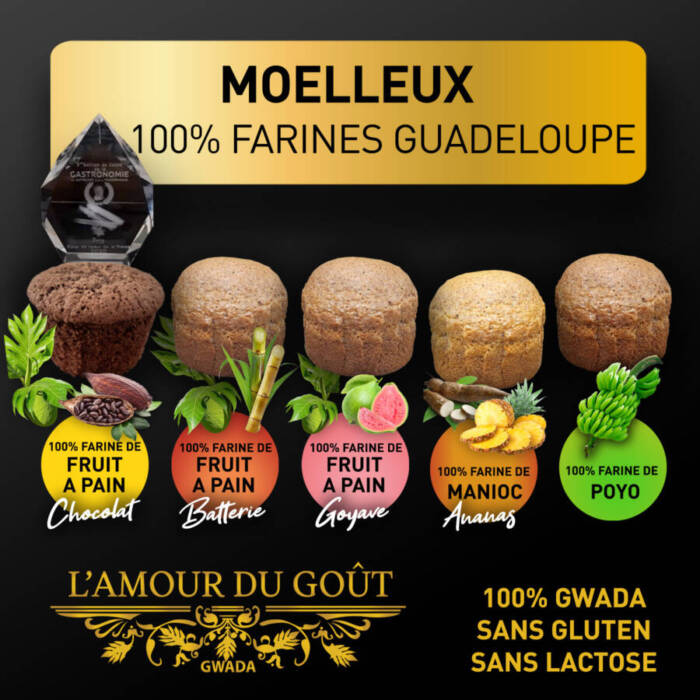 Moelleux 100% farines de Guadeloupe sans gluten sans lactose – L'Amour du Goût Gwada : chocolat, goyave, ananas, batterie, poyo