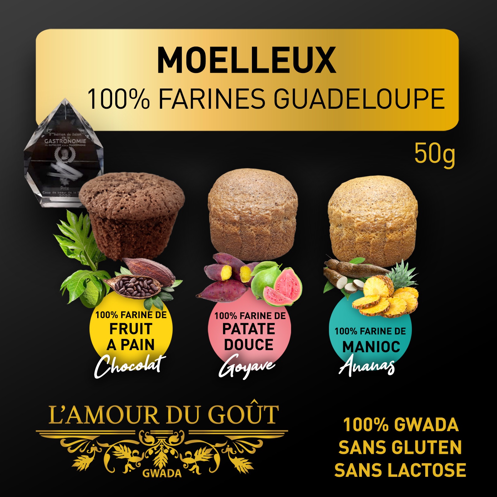 Trois moelleux artisanaux L'Amour du Goût de 50 g sans gluten et sans lactose : fruit à pain chocolat, patate douce goyave et manioc ananas