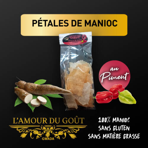 Sachet de pétales de manioc au piment 100 % manioc, sans gluten et vegan, de la marque L’Amour du Goût.