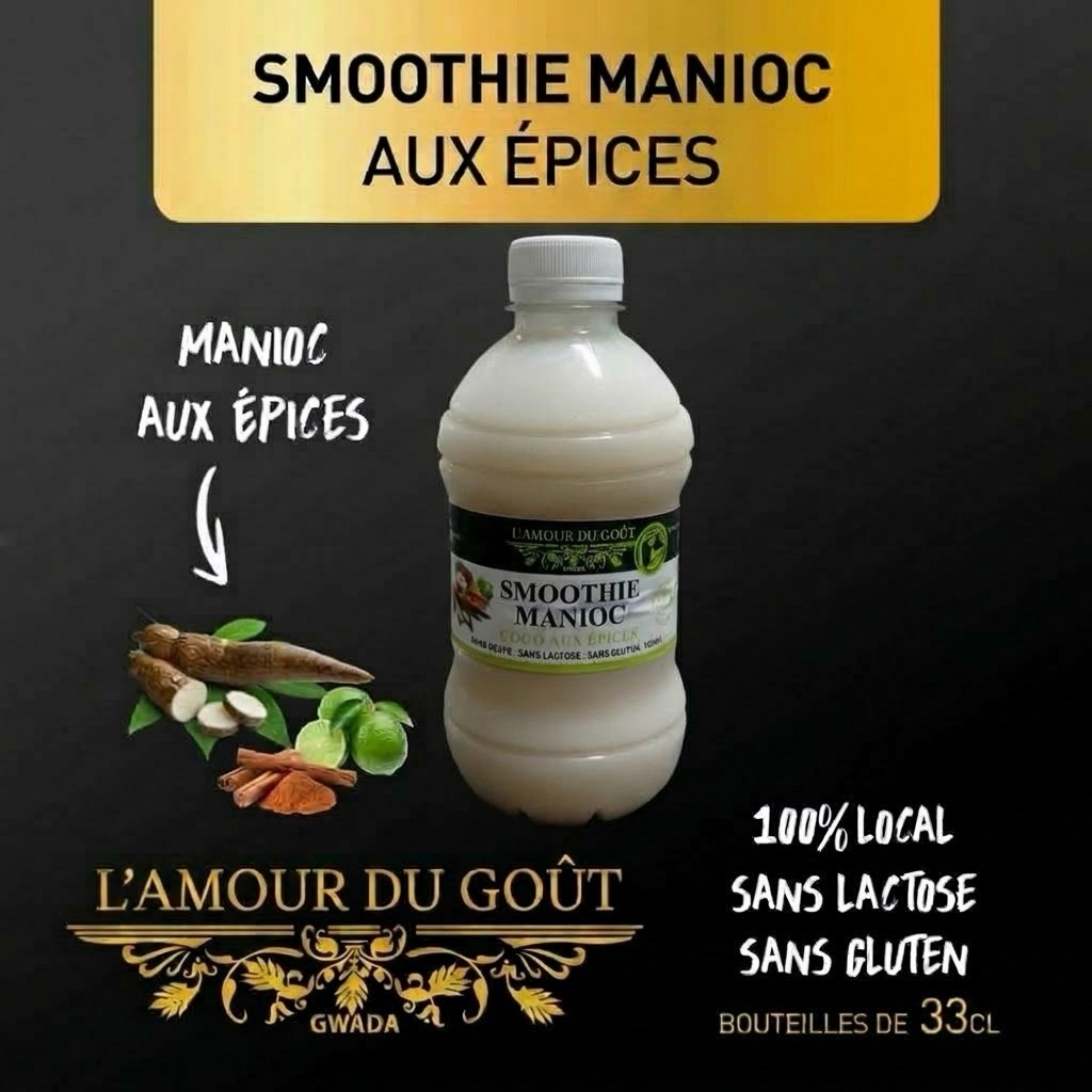 Bouteille de Smoothie Manioc Coco aux Épices L'Amour du Goût 33 cl, 100 % Guadeloupe, sans lactose et sans gluten